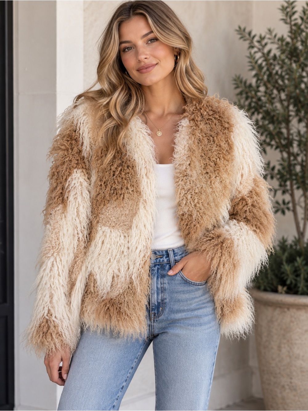 Elliatt Cream and Tan Faux Fur Teddy Jacket